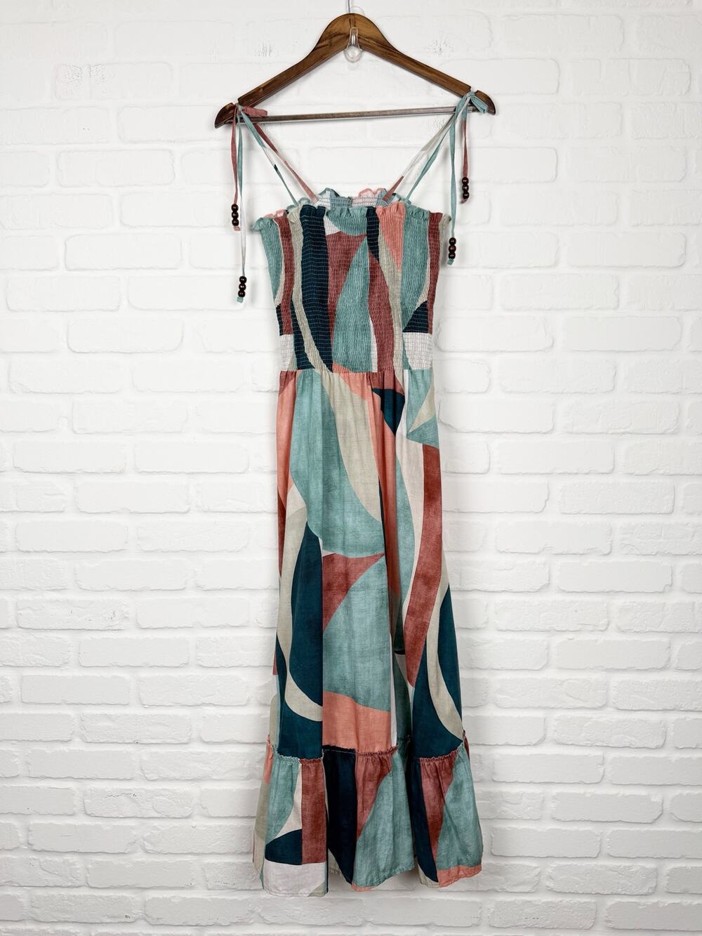Peixoto Smocked Tie Strap Maxi Dress Geometric Print Boho Resort Vacation NWT M